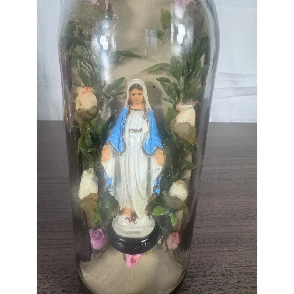 Vintage Virgin Mary Devotional Bottle Folk Art Religious Catholic Home Altar Déc